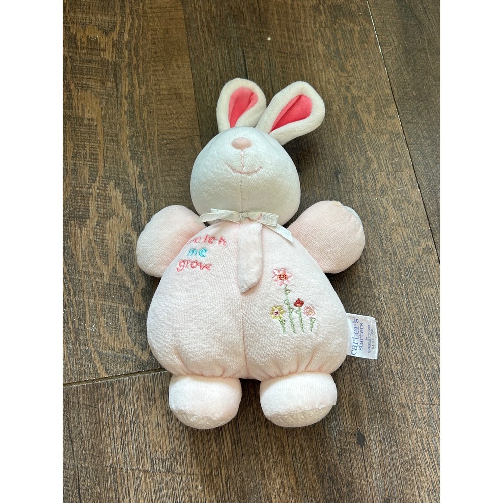 Carters Starters Prestige Pink Bunny Rabbit Plush Rattle Watch Me Grow Floral 9"